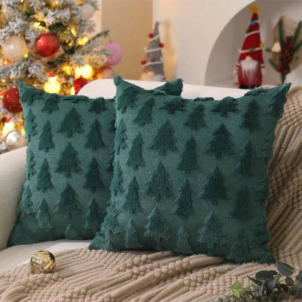 18x18 Inch Christmas Pillow Cover Embroidered Wool Christmas Tree Green